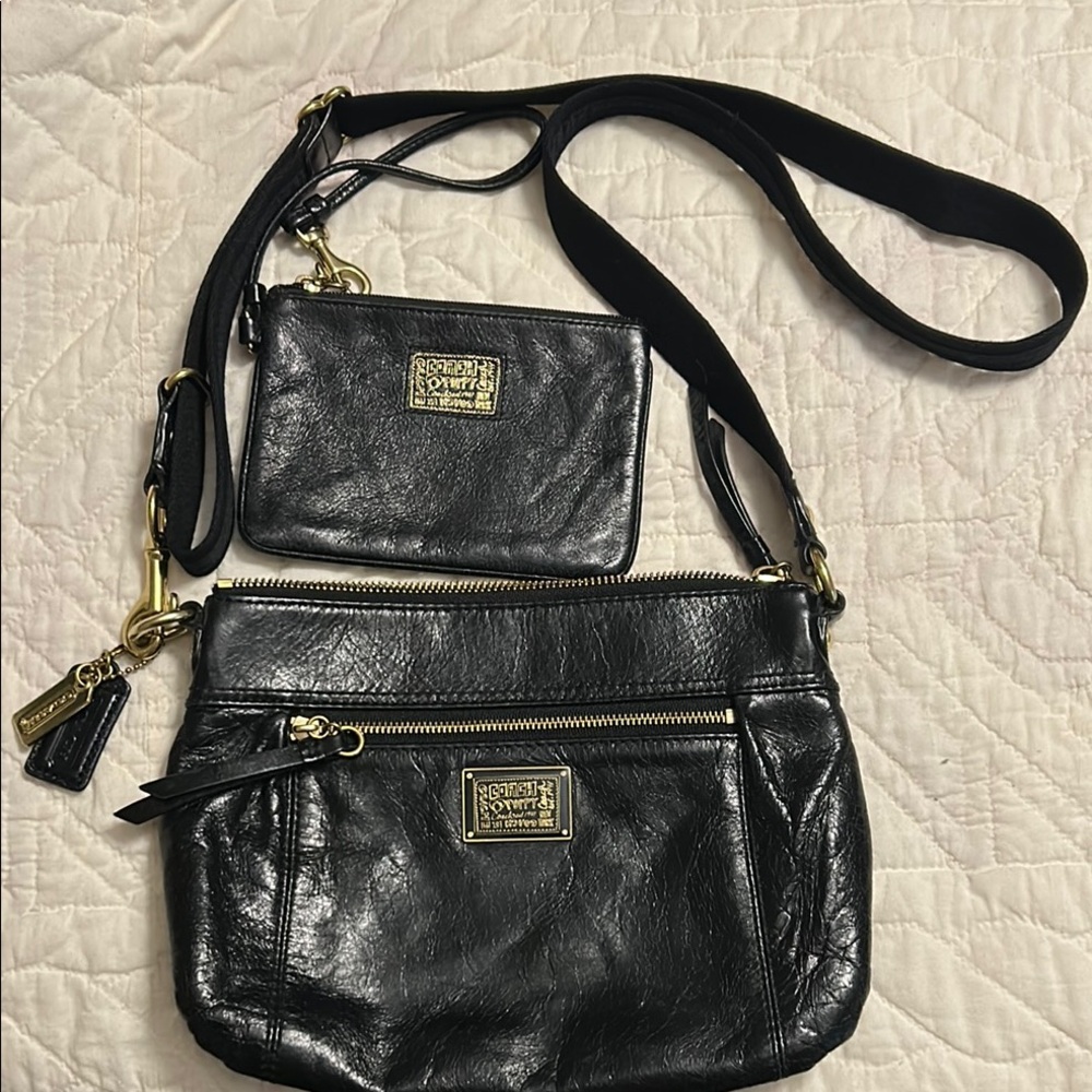 Coach Poppy Black Leather Crossbody Bag with matching wristlet